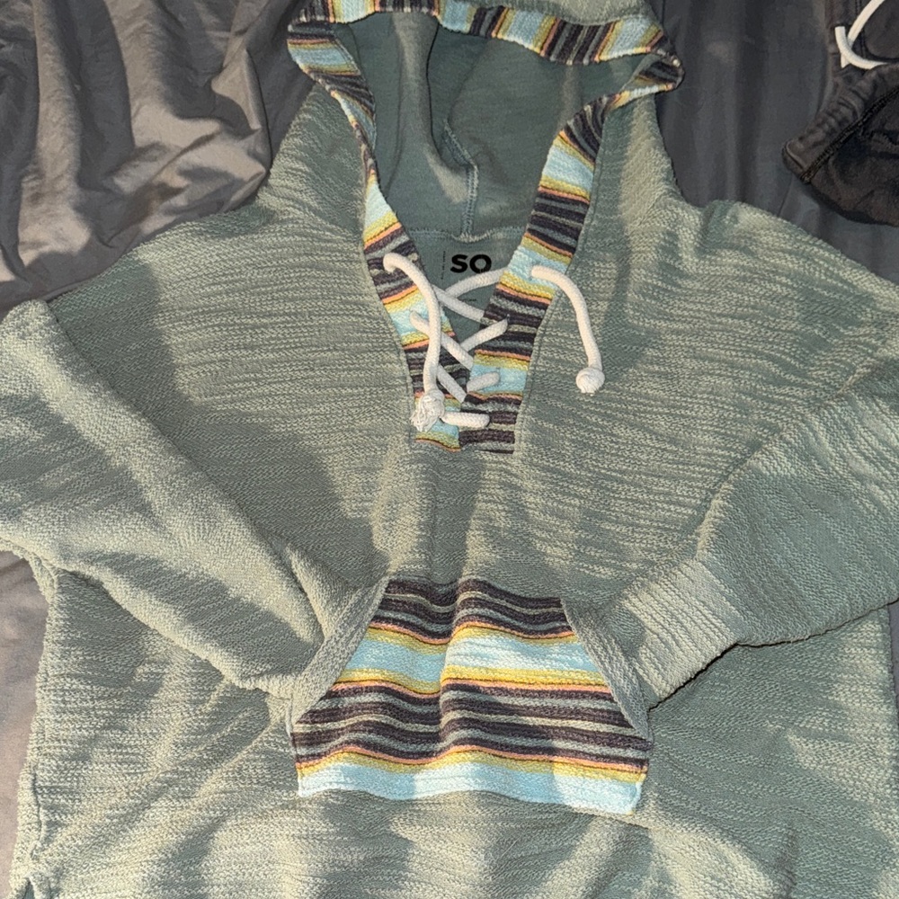 SO womens Teal and Multicolor Striped Hoodie Sweater